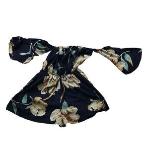 Short Jumper Off The Shoulder One Piece Floral Small Navy Drawstring Waist Cream